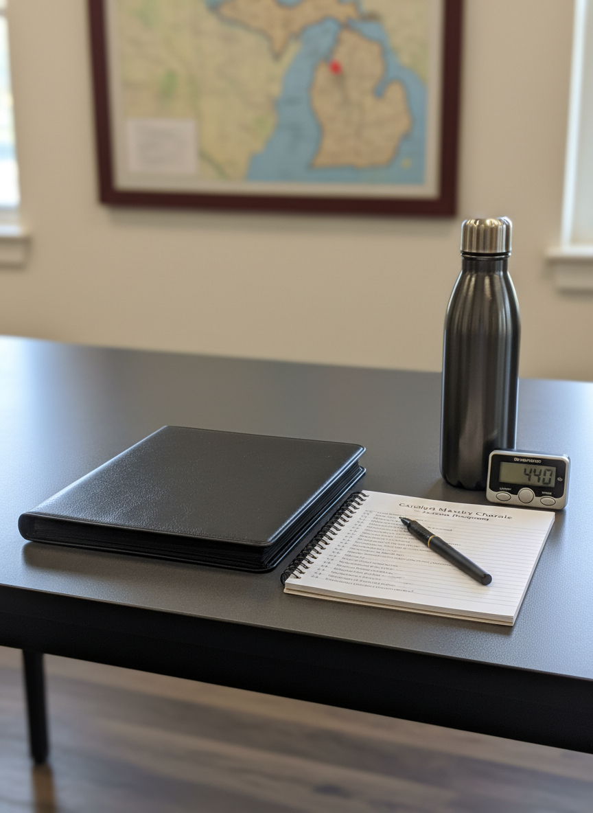 A collection of choir performance essentials neatly arranged on a smooth charcoal-gray rehearsal table: a closed black choir folder with subtle texture, a spiral-bound rehearsal schedule labeled “Carolyn Mawby Chorale – Season Program,” a fine-tip black pen, a reusable stainless-steel water bottle with a matte finish, and a small digital tuner. In the softly blurred background, a wall-mounted map of Michigan with a pin on Flint adds regional context. Natural afternoon light from an unseen window to the left casts soft, directional highlights and gentle shadows, creating a calm and organized atmosphere. Photographic realism, shot from a slightly elevated angle with shallow depth of field, reflecting the professional preparation behind community choir music-making.