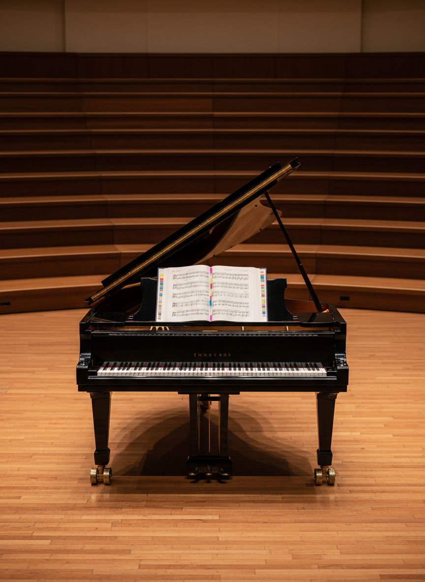 A polished black grand piano with its lid gracefully propped open, glossy surface reflecting subtle highlights, stands centered on a wooden stage in a midsize concert hall. On the piano’s music stand rests a neatly arranged choral score marked with colored tabs and pencil notes. Empty tiered risers arc behind the instrument, hinting at a full choir without depicting any people. Soft, warm stage lights from above and slightly behind create a gentle halo across the piano and risers, casting crisp yet understated shadows. Photographic realism, eye-level composition with a slightly wide lens, sharp focus throughout, and a calm, professional atmosphere suitable for a community chorale homepage hero image.