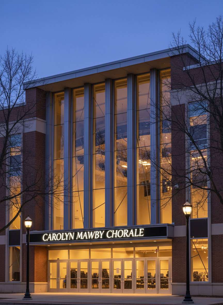 The exterior of a performing arts venue in Flint, Michigan, captured at blue hour, showcases a modern brick-and-glass façade with large vertical windows revealing abstract glimpses of an empty stage inside. Above the entrance, a digital marquee sign reads “Carolyn Mawby Chorale” in clean, elegant typography. Subtle reflections of city lights shimmer on the glass, while a few trees and lampposts frame the scene. Cool ambient twilight mixes with warm interior lighting, creating a welcoming contrast. Photographic realism, shot from a slightly low, three-quarter angle to emphasize the building’s stature, with sharp focus and a professional, aspirational mood that conveys the chorale’s presence in the community.