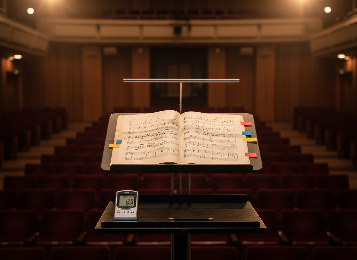 A detailed view of a conductor’s podium in a concert setting: a slightly elevated black platform with a simple, modern metal music stand holding a well-thumbed choral score opened to a dynamic passage. Several colored sticky tabs protrude from the pages, and a small digital metronome and pencil are placed neatly at the base. The background reveals blurred rows of plush red concert hall seats and soft, vertical wooden wall panels, with no people visible. Warm, theatrical spotlights from above illuminate the score and podium, creating a focused pool of light and gentle falloff into shadow. Photographic realism, medium focal length, centered composition, conveying precision and leadership in a professional chorale context.
