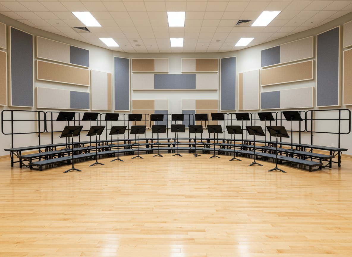 An empty rehearsal room featuring curved, tiered black choral risers arranged in a semicircle, set on a polished maple floor that reflects light in soft streaks. Sturdy black music stands, each holding a neatly stacked, closed choir folder in deep navy with subtle embossed lettering, are arranged with deliberate symmetry. The back wall is lined with programmable acoustic panels in warm gray and beige tones. Bright but diffused overhead LED lighting evenly illuminates the space, minimizing harsh shadows. Photographic realism with a wide-angle, eye-level composition and sharp focus throughout, conveying order, readiness, and a professional community choir environment in Flint, Michigan.