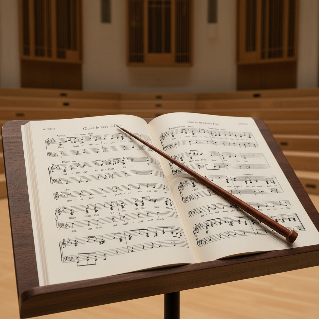 A close-up of an open choral music score printed on crisp ivory paper, rich black notation lines and lyrics clearly visible, spread across a dark walnut music stand. A slender, well-worn wooden conductor’s baton rests diagonally across the staff, its lacquered surface catching subtle reflections. In the softly blurred background, empty choral risers and acoustic shell panels suggest a rehearsal space without showing any people. Diffused overhead lighting creates gentle shadows in the page folds and soft highlights on the baton. Photographic realism, shot from a slightly elevated angle with shallow depth of field, creating an intimate, focused, and professional mood that emphasizes musical craftsmanship.