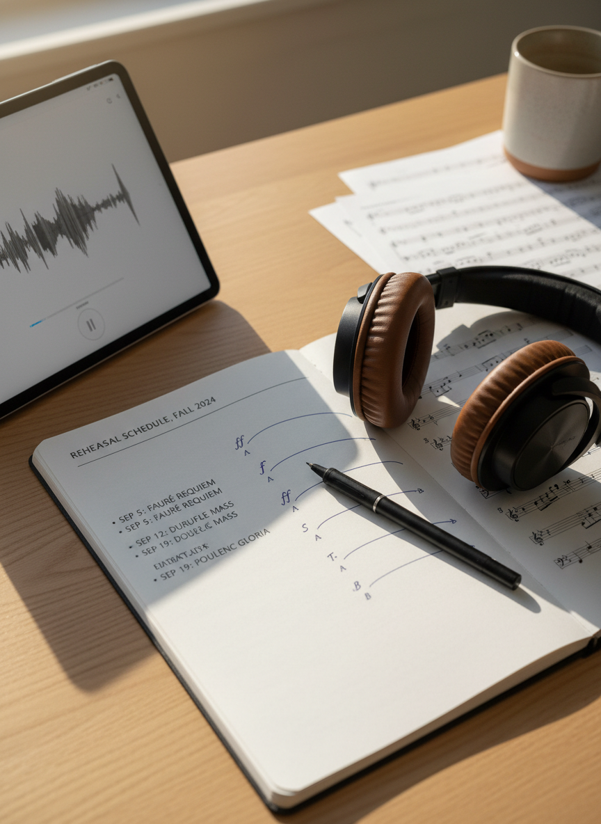 A close-up, overhead shot of a meticulously organized choral rehearsal planner spread open on a light oak desk. One page lists rehearsal dates and repertoire titles; the other displays neatly drawn markings of vocal entrances and dynamic swells. A slim tablet nearby shows a digital audio waveform paused at a climactic section of a recording. A pair of over-ear studio headphones with soft leather padding rests partially on the planner. Soft morning light from a nearby window grazes the pages, creating delicate shadows from the headphone band and pen. Photographic realism, shallow depth of field, and a clean, modern aesthetic convey thoughtful preparation for a community choir season.